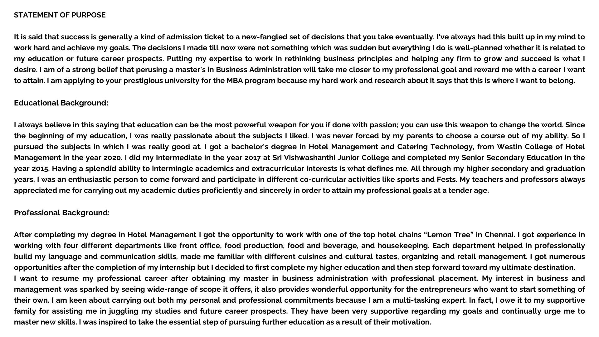 MBA statement of purpose example 1